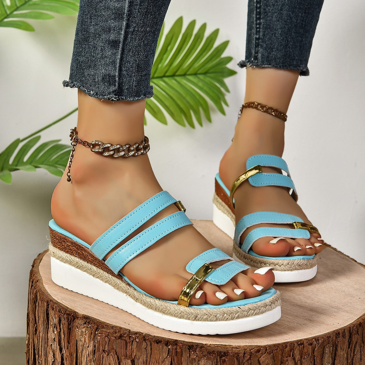Colorblock-strap Wedges Sandals Summer Fashion Hemp Heel Slides Slippers Outdoor
