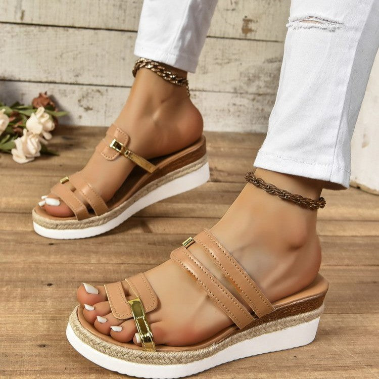 Colorblock-strap Wedges Sandals Summer Fashion Hemp Heel Slides Slippers Outdoor