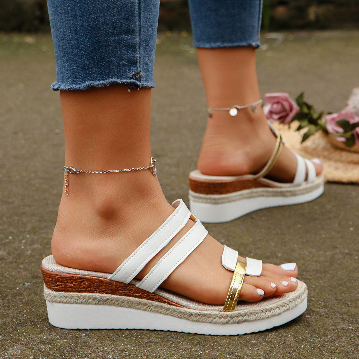 Colorblock-strap Wedges Sandals Summer Fashion Hemp Heel Slides Slippers Outdoor