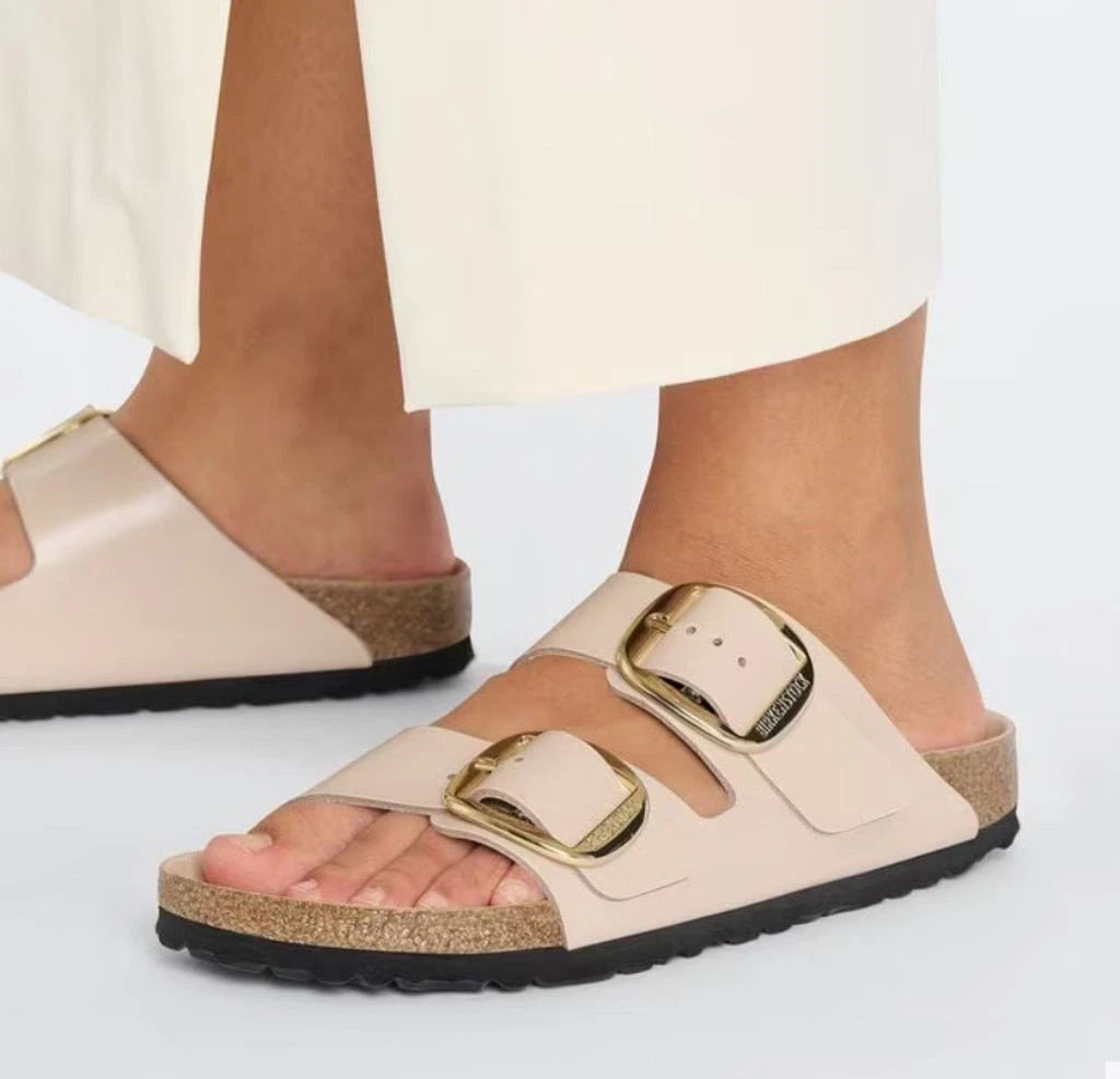 Birkenstock Arizona Big Buckle Patent Leather Narrow Sandals High Shine Beige 5