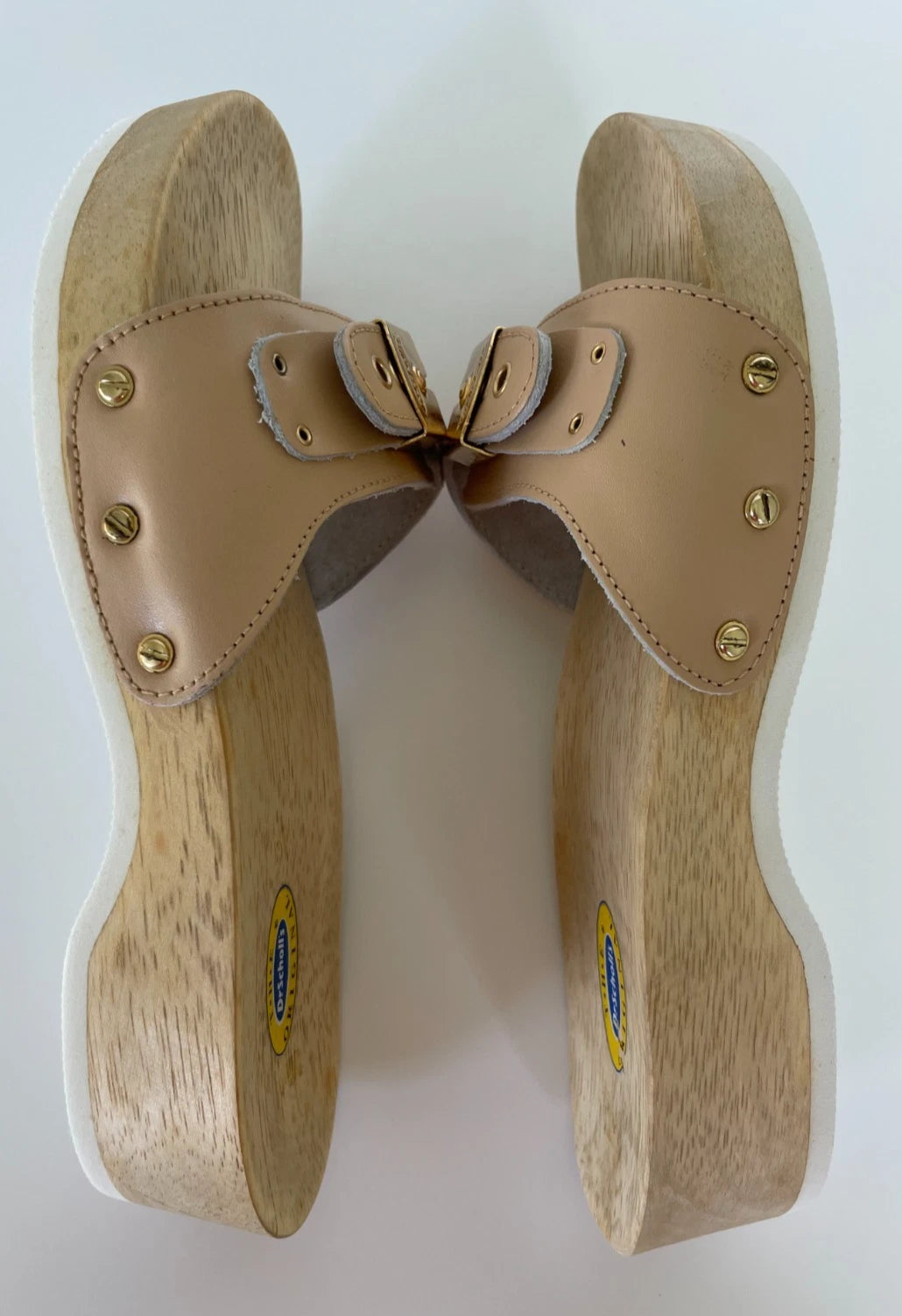 Dr. Scholl's The Original Wooden Sandals Slides Beige Leather Sz 5 M Brazil NEW
