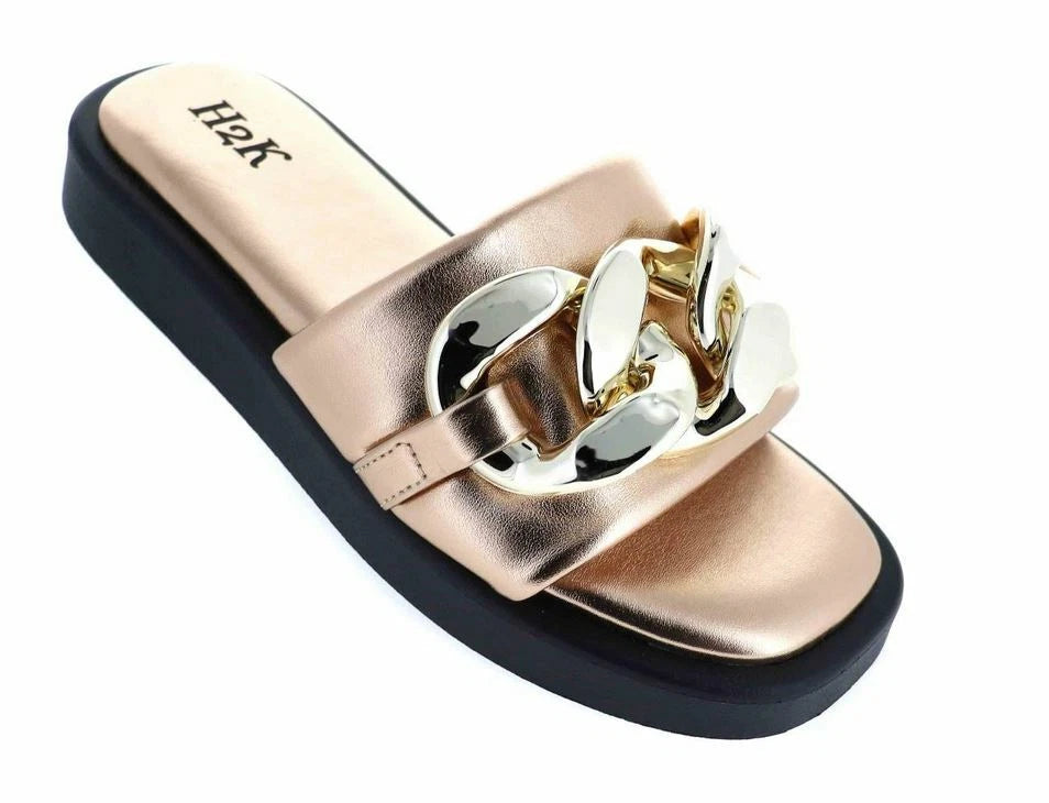 H2K Chain Rose Gold Fashion Comfort Soft Slides Flip Flops Sandals  Open Toe New