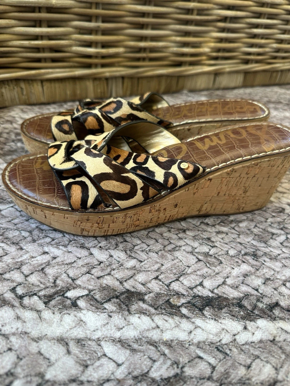 SAM EDELMAN Slide Sandals Sz 9.5Leopard Print Pony Hair Cork Platform Wedge REID