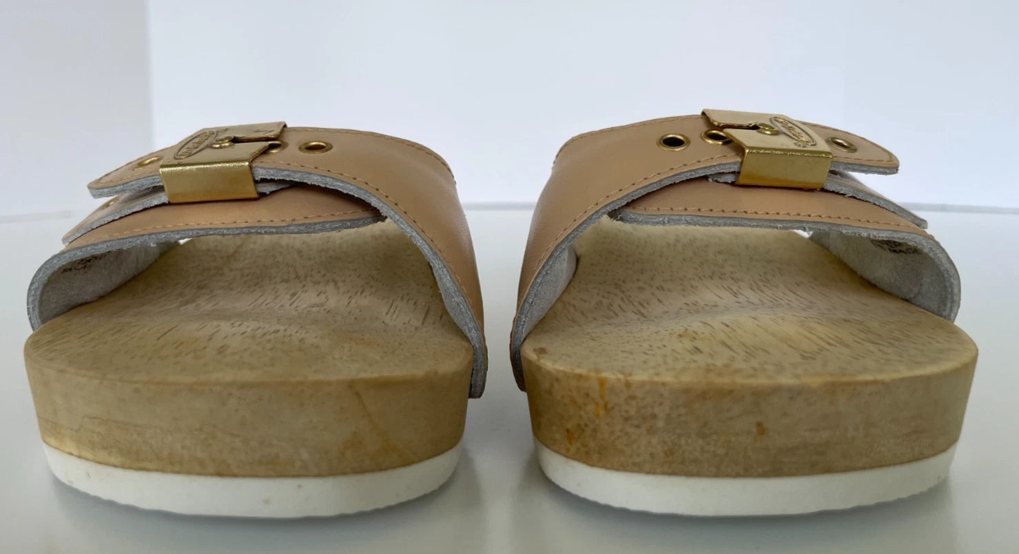 Dr. Scholl's The Original Wooden Sandals Slides Beige Leather Sz 5 M Brazil NEW