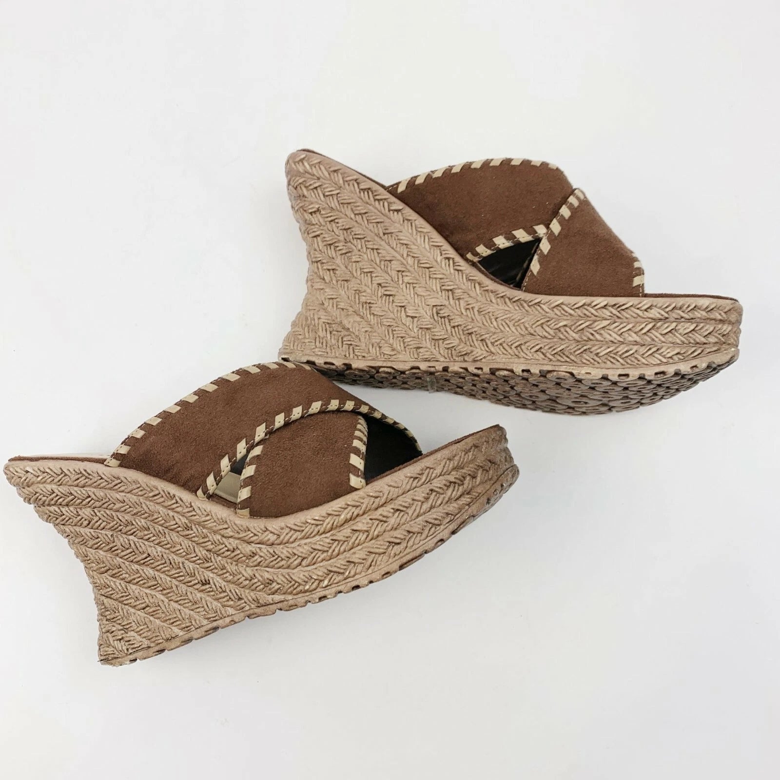 Vintage 90's Y2K Fashion Bug Wedge Sandals Brown Tan Suede Size 6.5 6 1/2