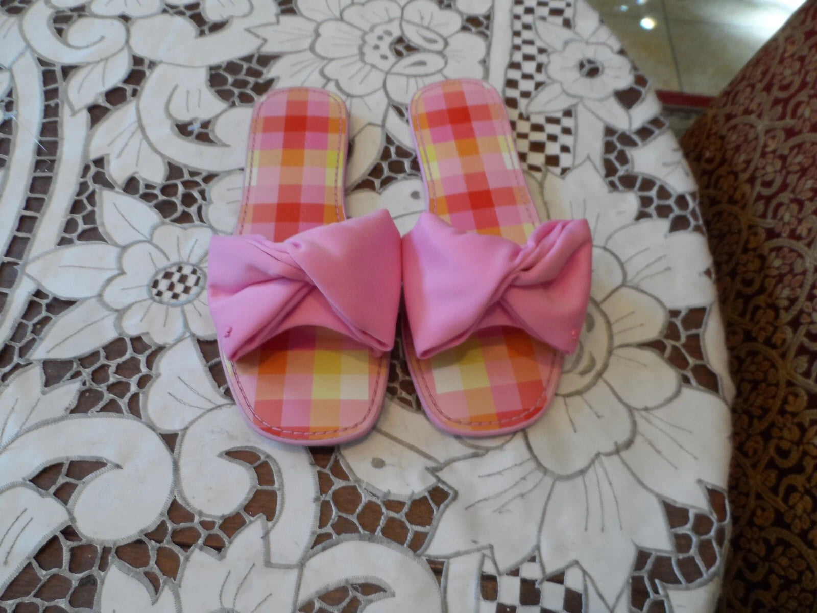 New Kate Spade New York Pink Madras Bikini Bow Slide Size 6.5B