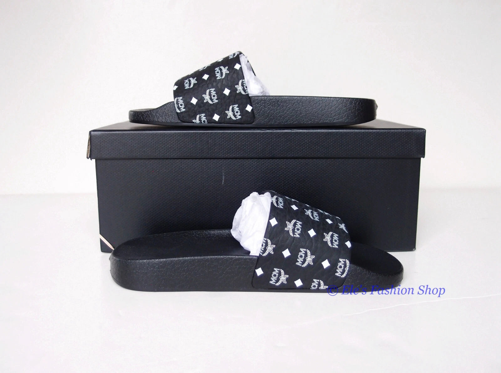 New in Box MCM Logo Slide Black Sandals EU 37 US 6.5 7 AUTHENTIC