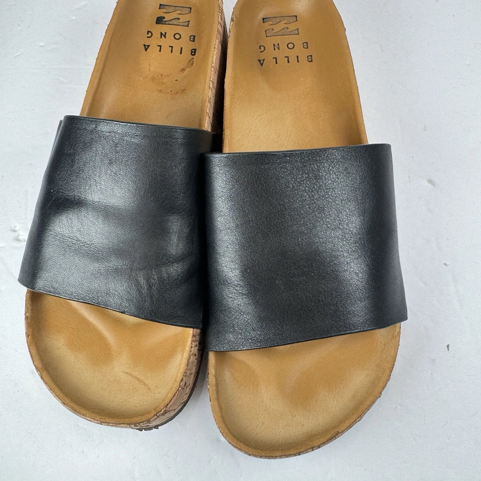 Billabong Black Leather Cork Slide Sandals Women’s 7.5 Comfort Slip On Casual