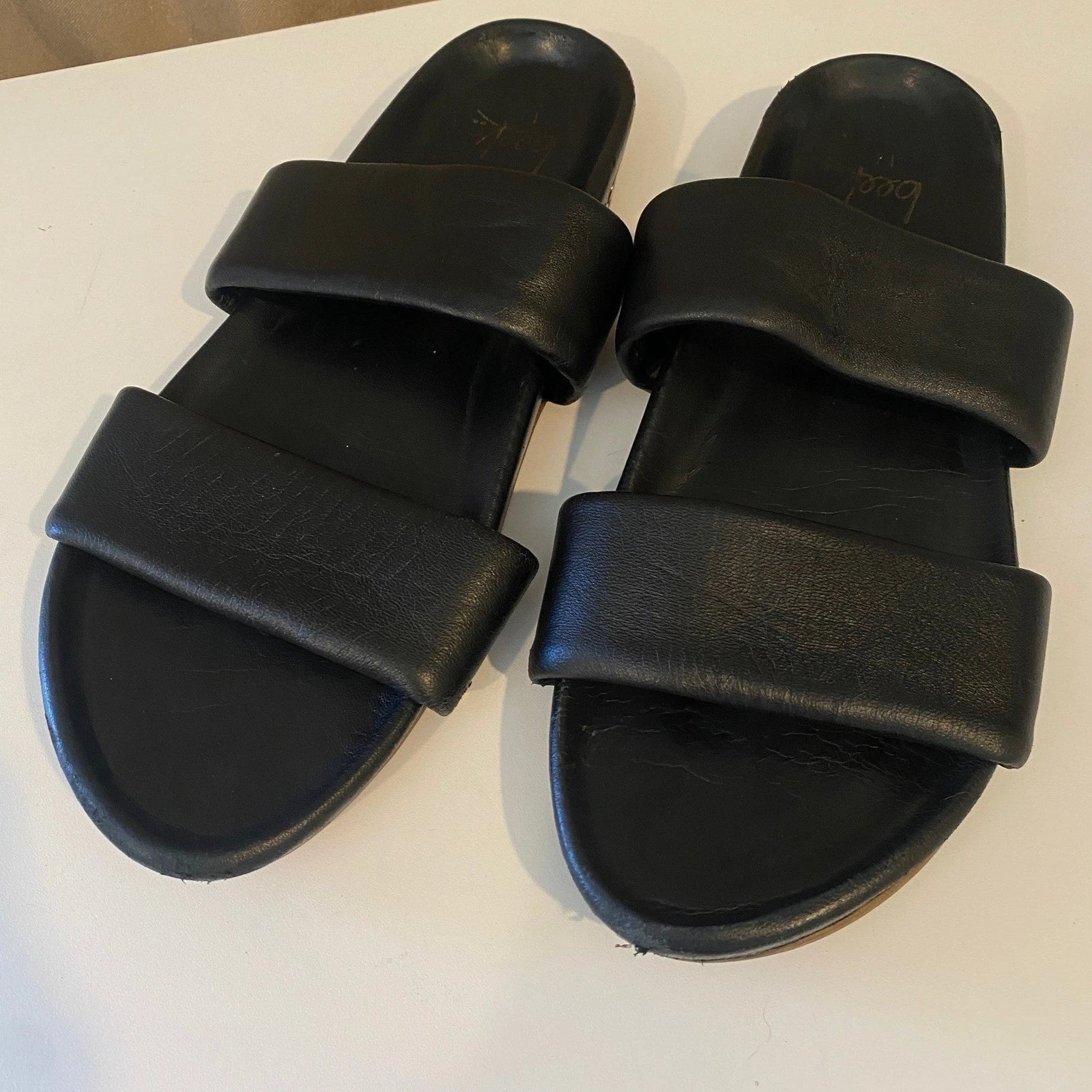 beek Black Leather Double Strap Slide Sandals Minimalist Style