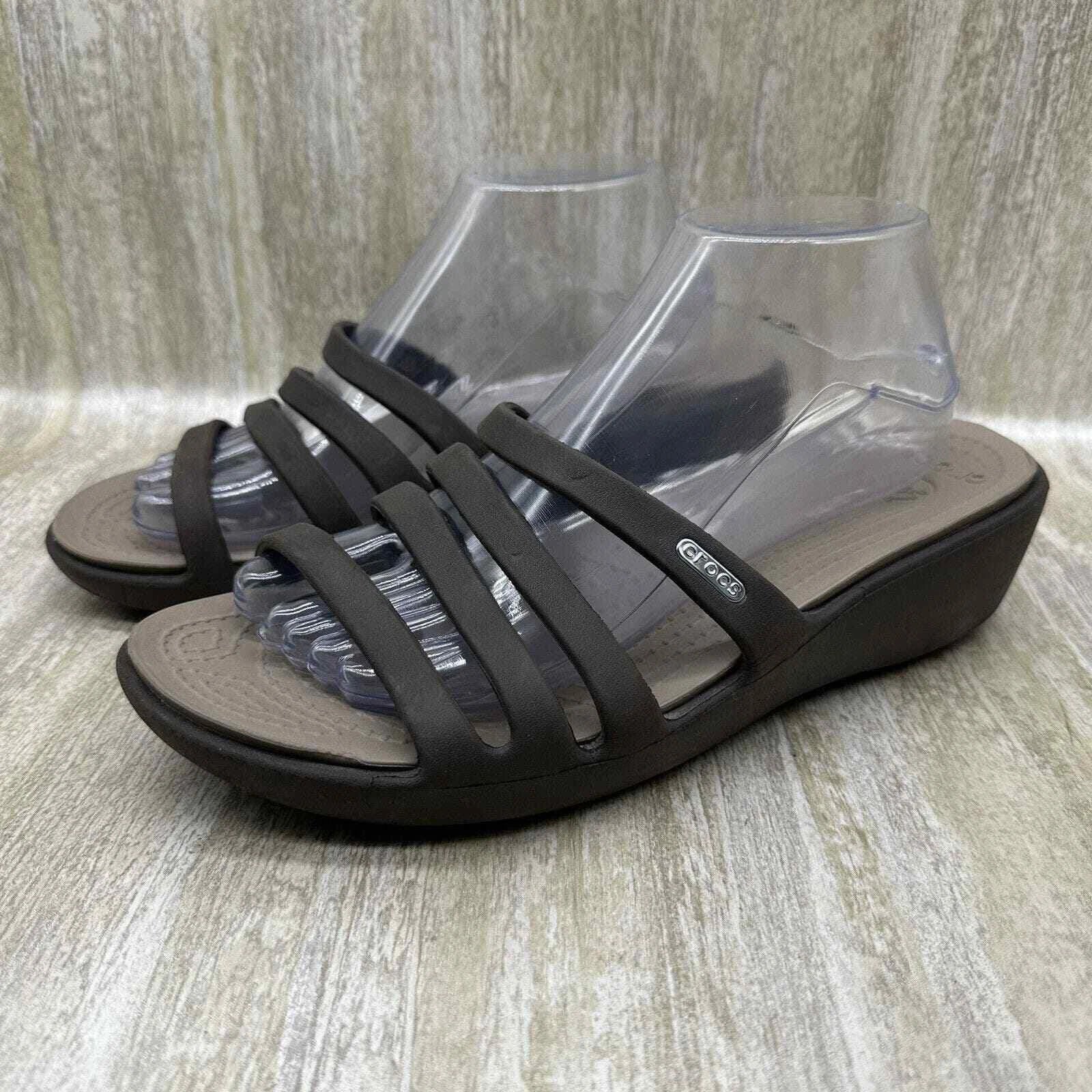 Crocs Rhonda Slides Wedge Strappy Slip On Sandals Brown Style 14706 Womens 10