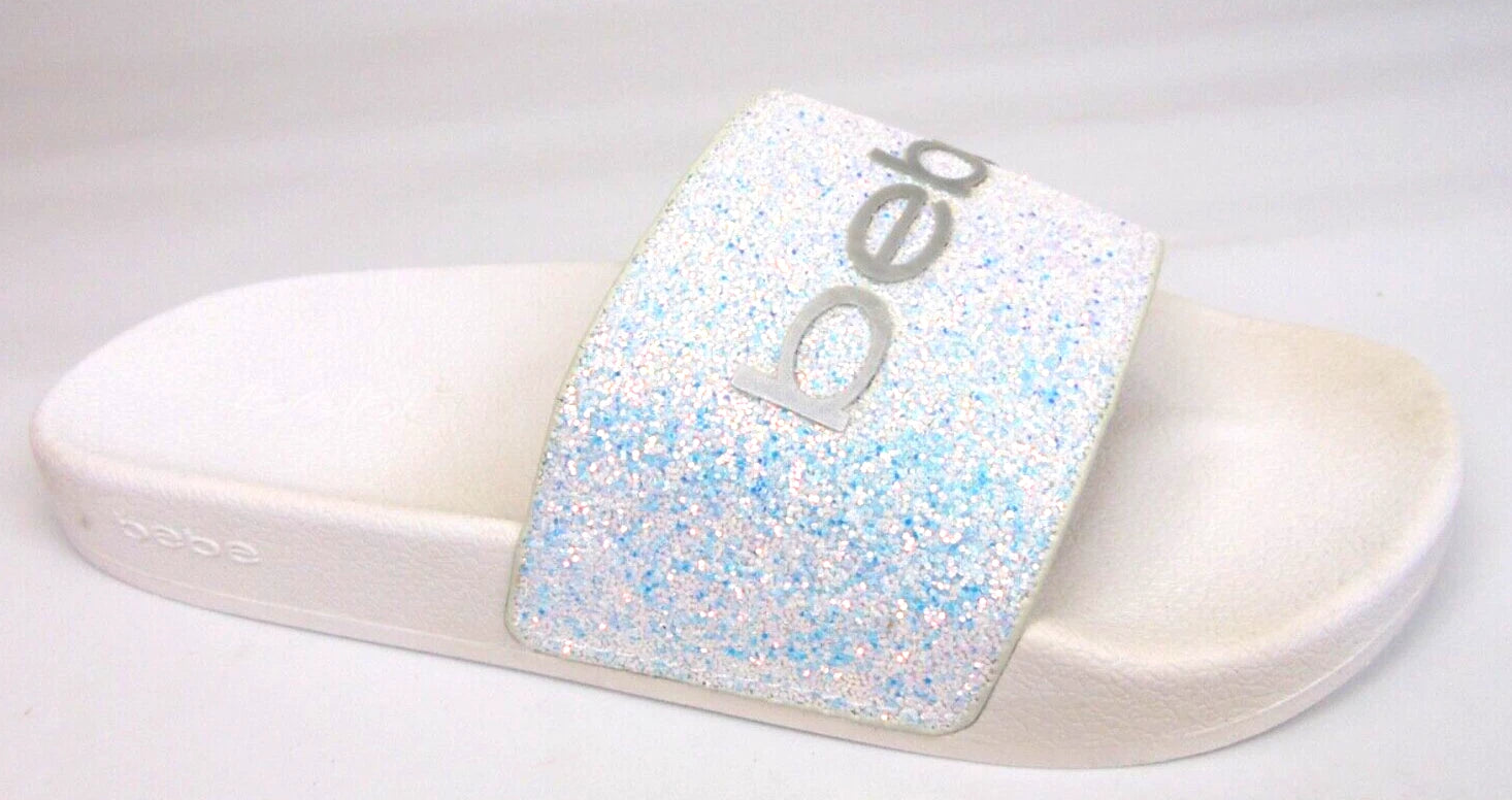 Bebe Womens Fraida Glitter Slide Fashion Sandals Flats Size 7.0 M, White Glitte