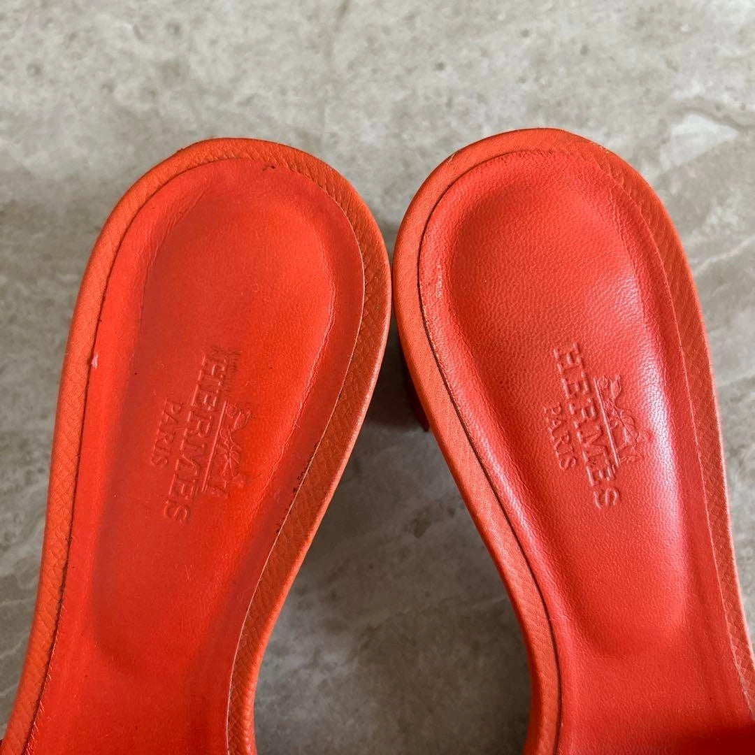 Hermes Orange Sandals Women Size 35 Leather Slide Shoes Classic Summer Style