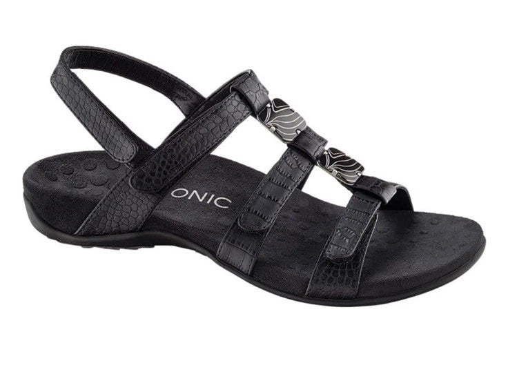 Vionic Sandals Women 8 Amber Black Python Adjustable Strappy Slingback