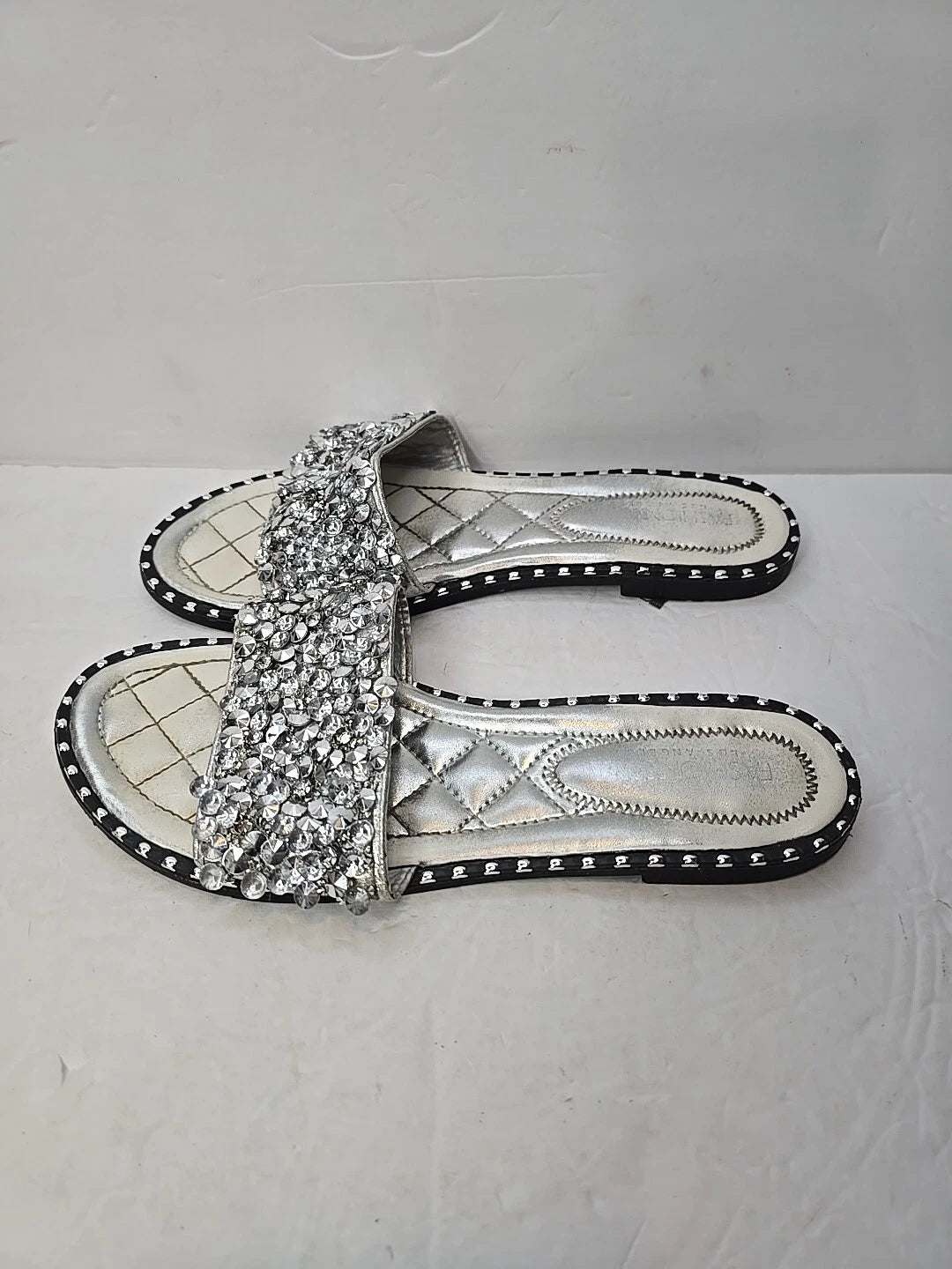 Fashion Nova Sandals Womans 10 Silver Slip On Flats Rhinestones City Club Preppy
