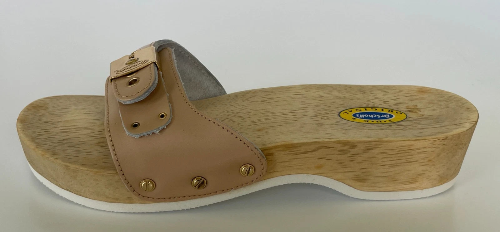 Dr. Scholl's The Original Wooden Sandals Slides Beige Leather Sz 5 M Brazil NEW