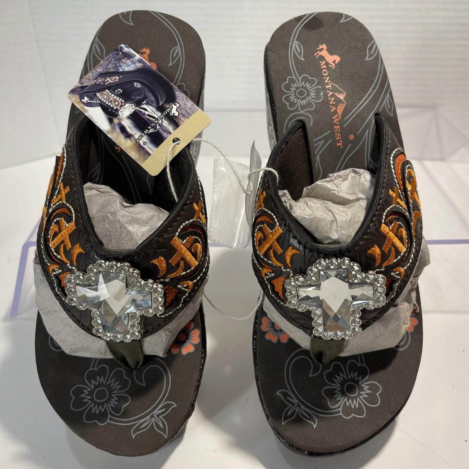 Montana West Embroidered~Rhinestone & Cross Western Style Wedge Sandals Sz 7-7.5