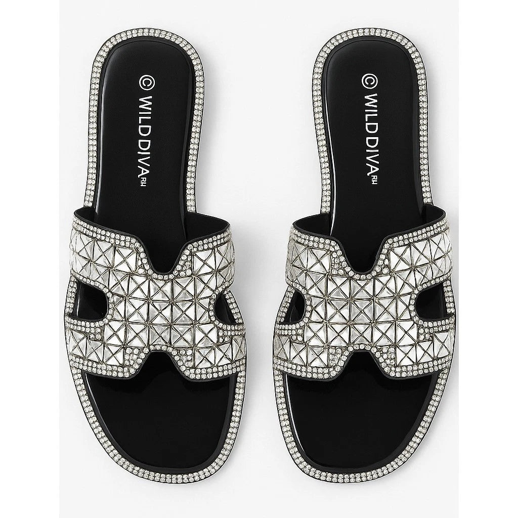 NEW 2x pairs 6 Clear Black Jelly Flat Sandals Wedding Slides Rhinestone Silver