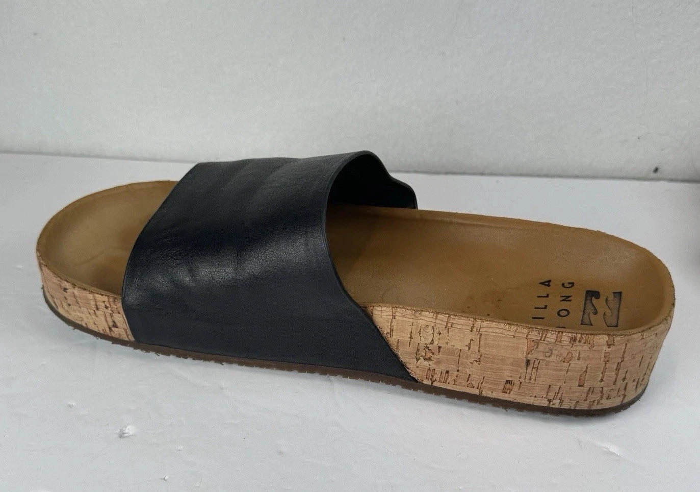 Billabong Black Leather Cork Slide Sandals Women’s 7.5 Comfort Slip On Casual