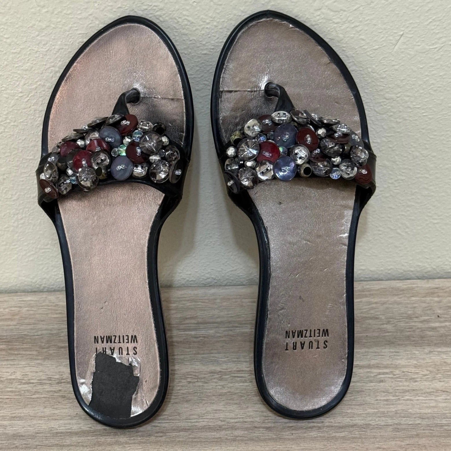 Stuart Weitzman Sandals Women 6 Black Embellished Thong Beaded Glam Slip On