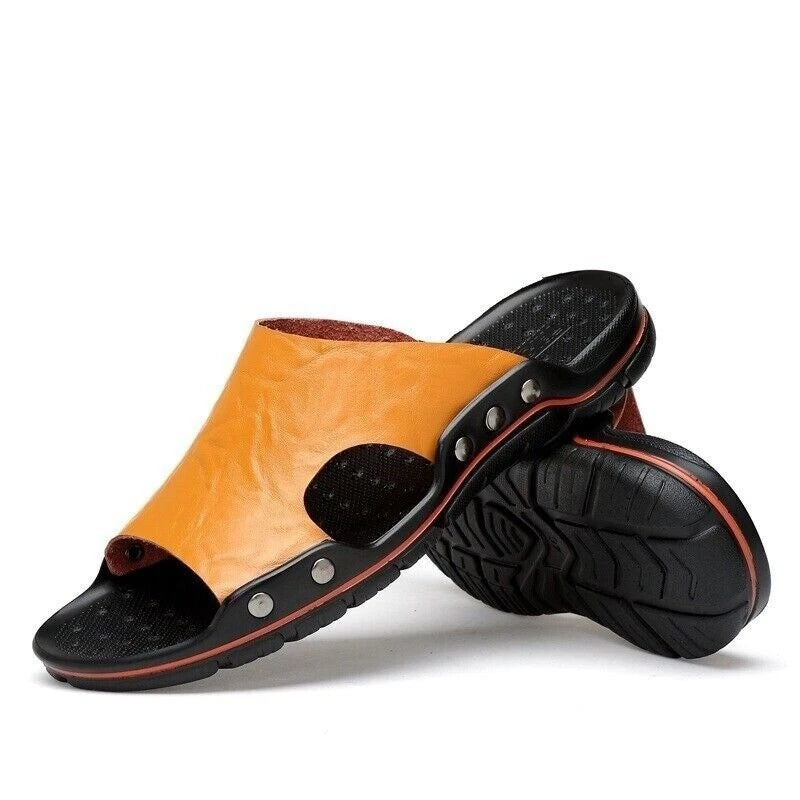 Mens Leather Slippers Summer Beach Fashion Sandals Casual Flats Slides Plus Size