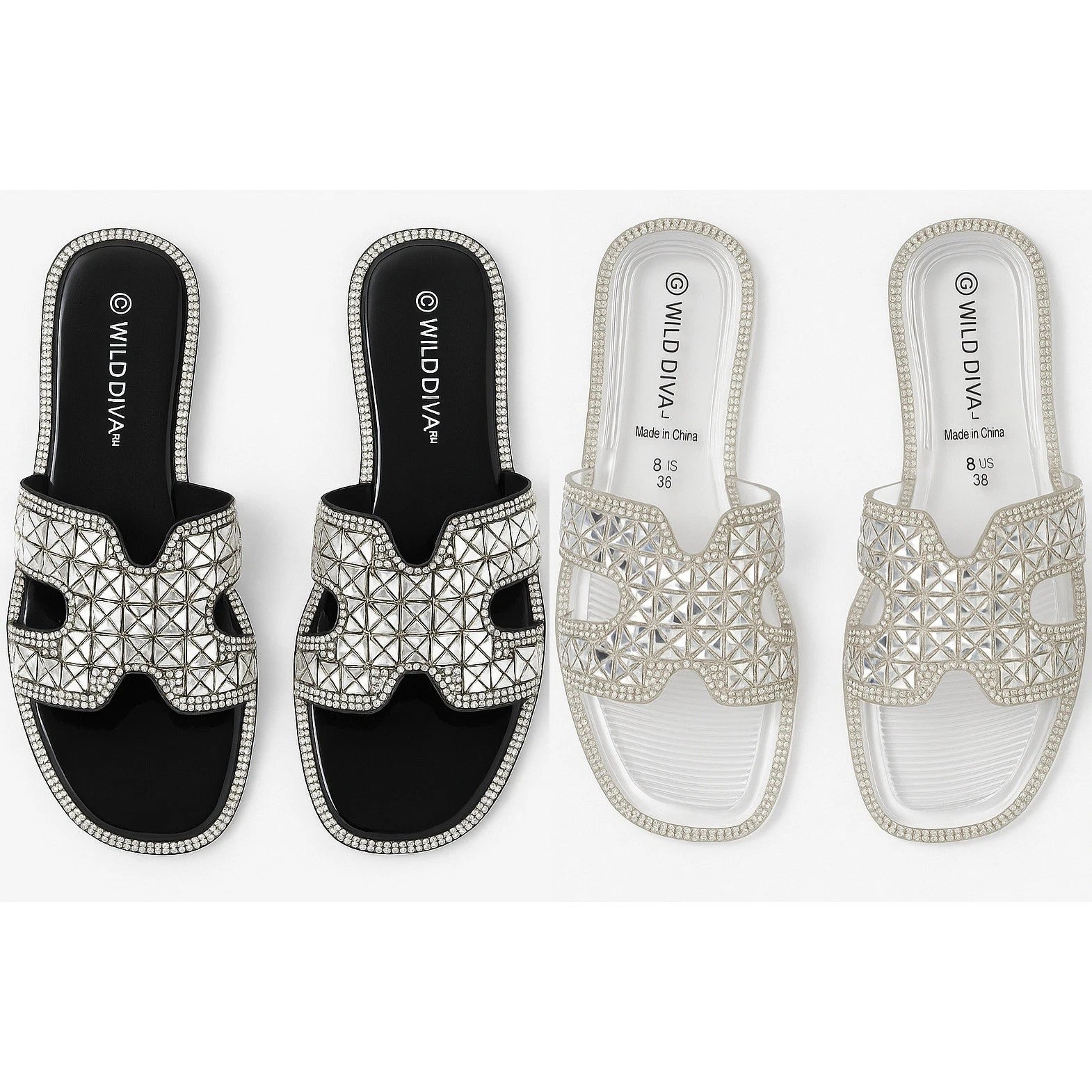 NEW 2x pairs 6 Clear Black Jelly Flat Sandals Wedding Slides Rhinestone Silver