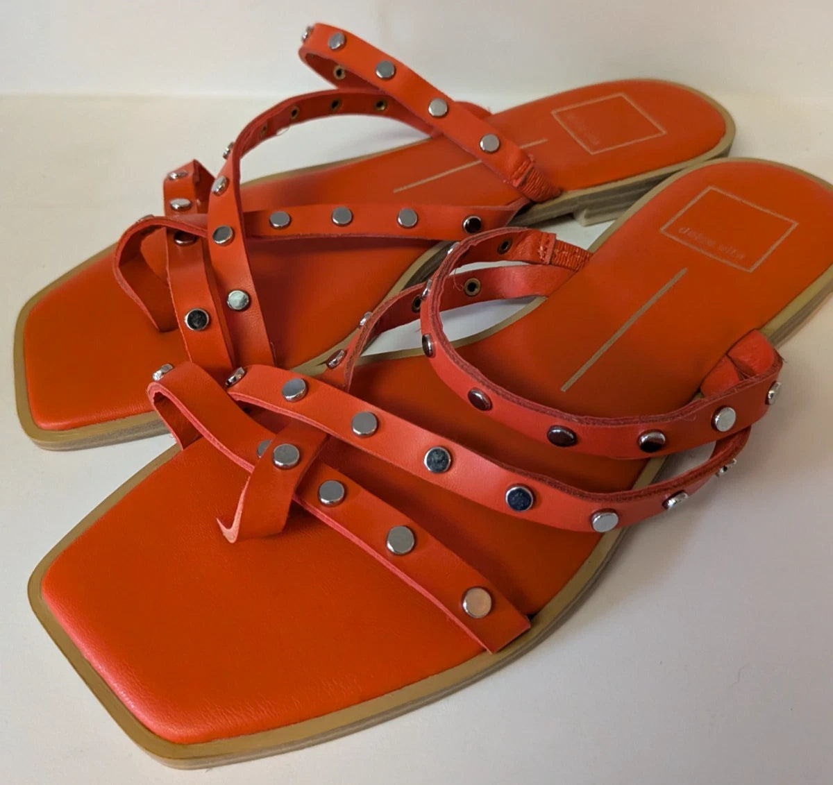 Dolce Vita Orange Izabel Strappy Square Toe Studded Flat Slide Sandals - Size 9
