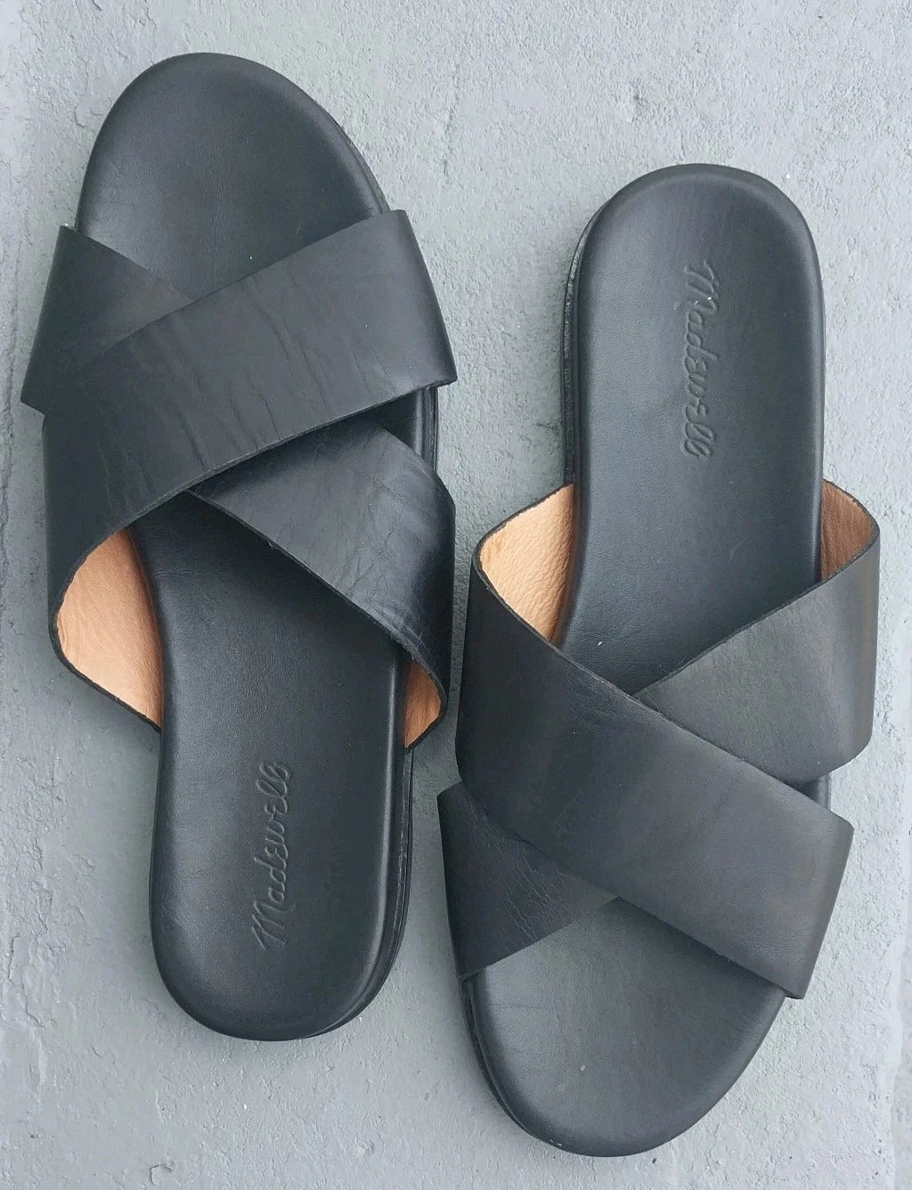 MADEWELL Size (9) Black Women's Upper Leather Criss-Cross Slip On Sandals