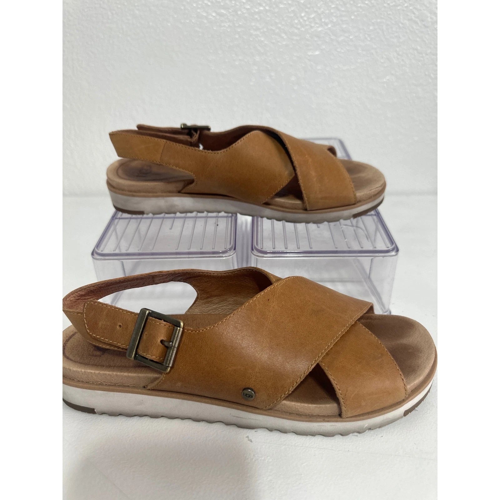 UGG Tan Leather Cross Strap Adjustable Buckle White Sole Sandals