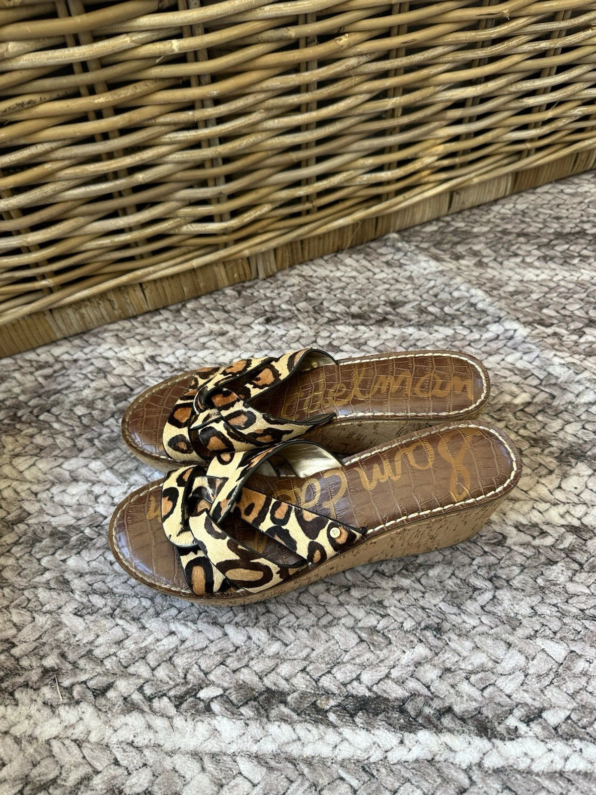 SAM EDELMAN Slide Sandals Sz 9.5Leopard Print Pony Hair Cork Platform Wedge REID