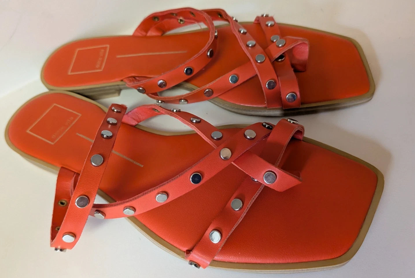 Dolce Vita Orange Izabel Strappy Square Toe Studded Flat Slide Sandals - Size 9