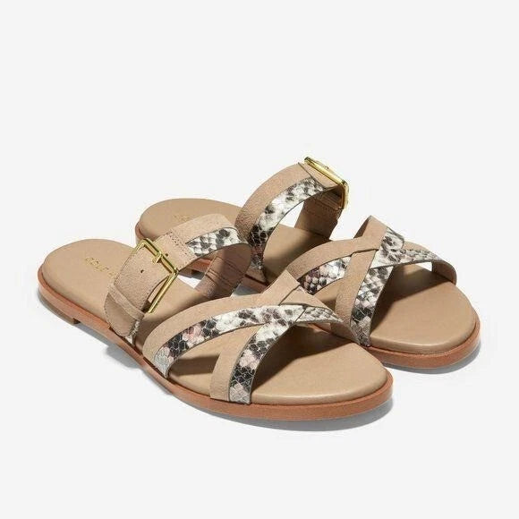 Cole Haan Python-Print Fairen Leather Strappy Buckle Slide Flat Sandals Size 8M