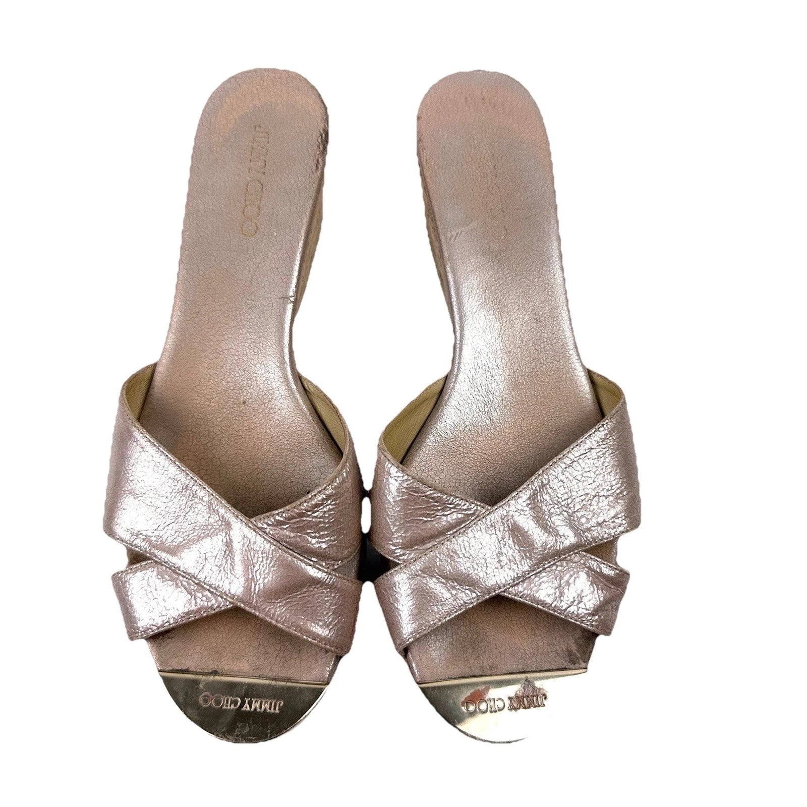 Jimmy Choo Panna Sandals 7 Cork Heel Womens Slip On Shoes Made In Spain