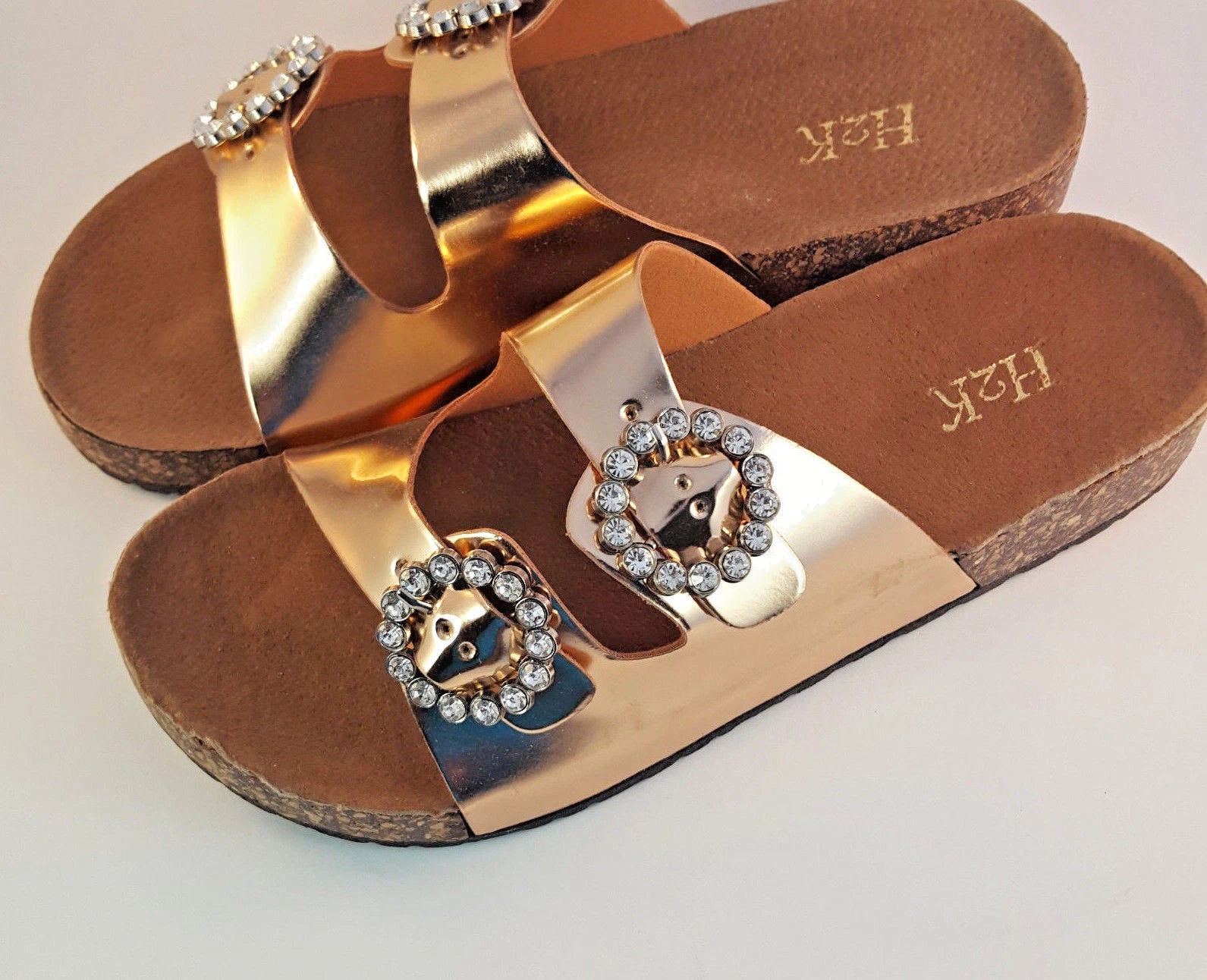 H2K KAREN STONE Buckle Ornament Rose Gold Fashion Slide Flip Flops Sandals Bling