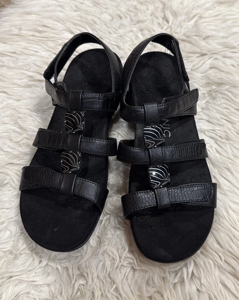 Vionic Sandals Women 8 Amber Black Python Adjustable Strappy Slingback