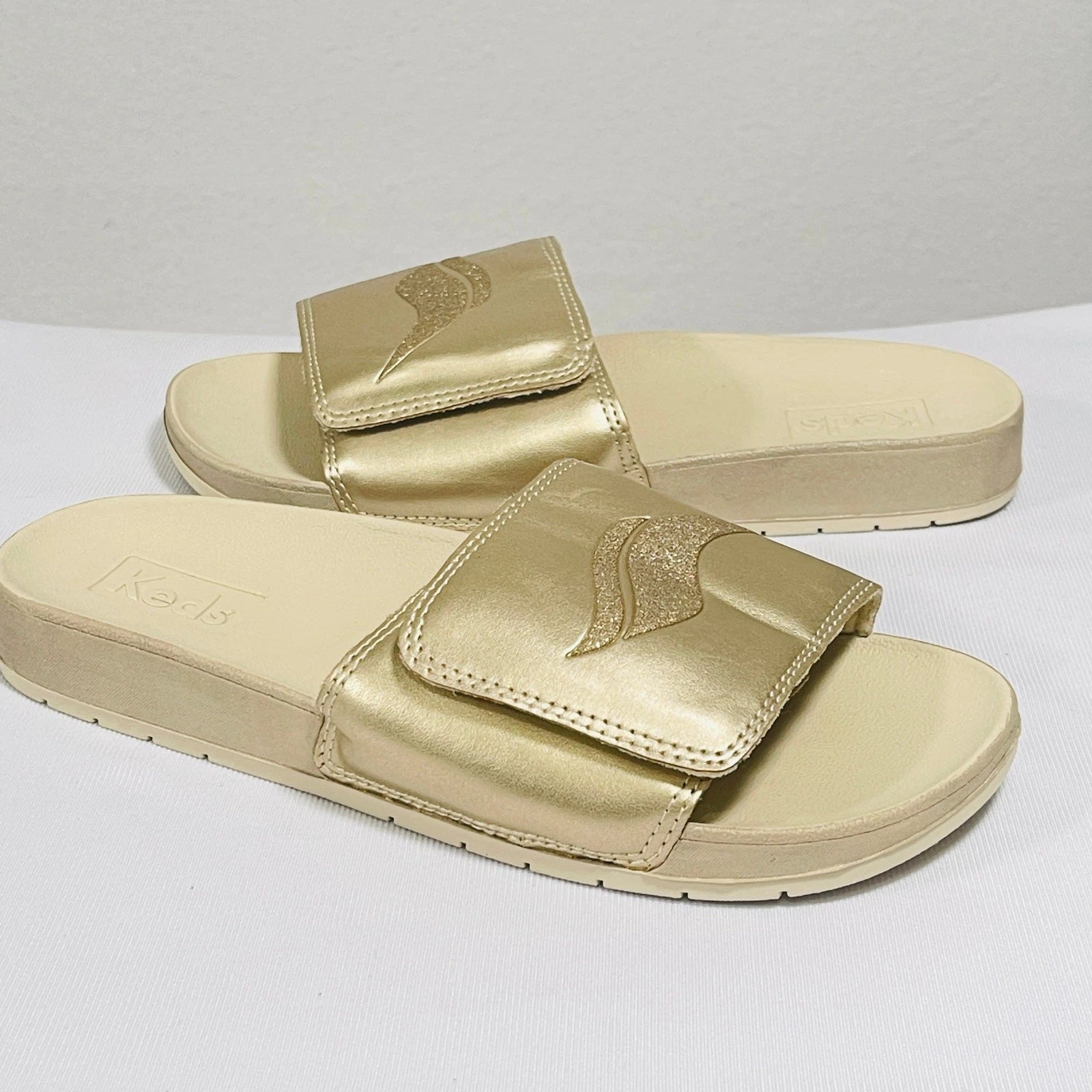 KEDS Slides Womens 7 Metallic Tan Adjustable Hook & Loop Sandals Cushion Foam