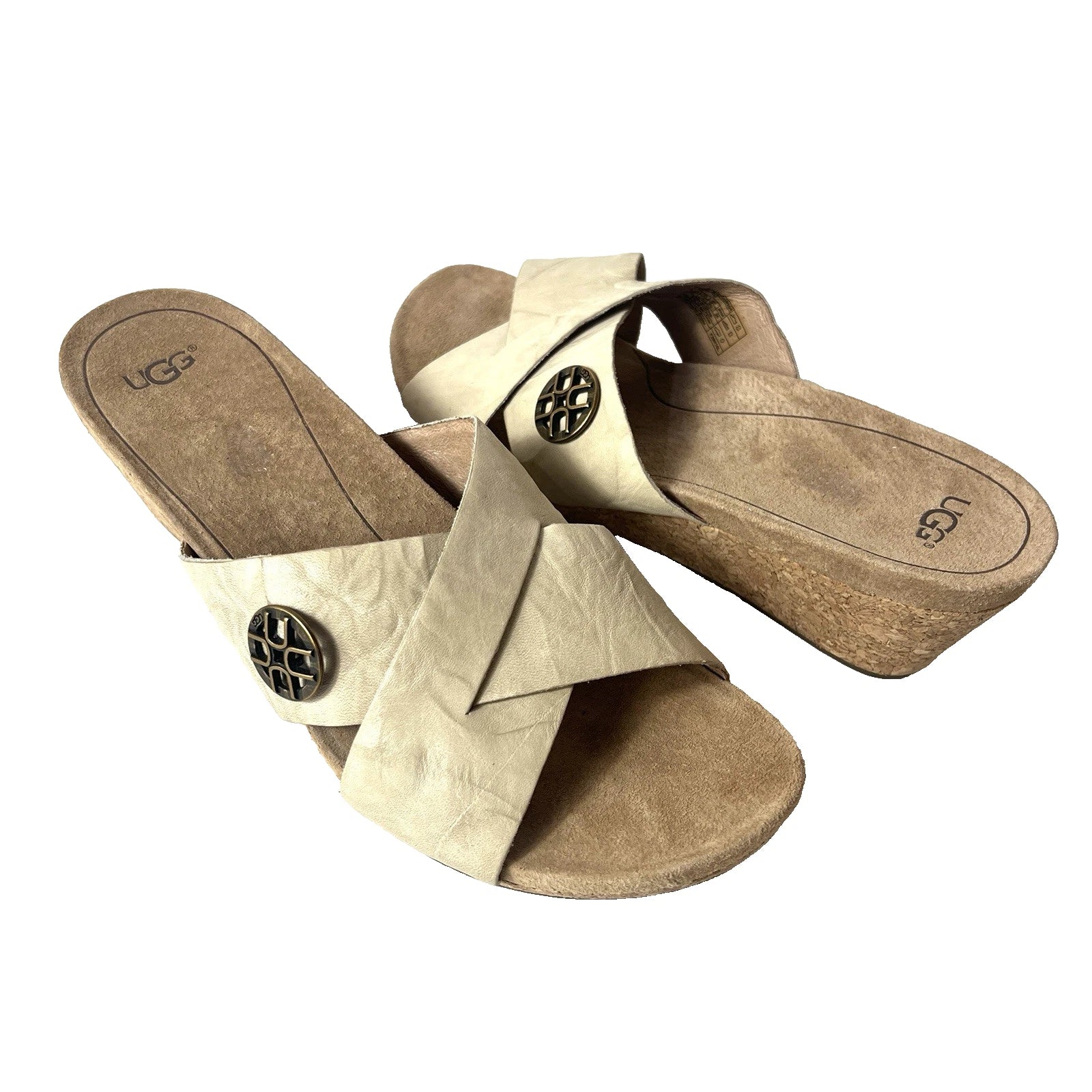 UGG Women's 9 Beige Leather Cross Slide Cork Wedge Summer Casual Sandals Slip On