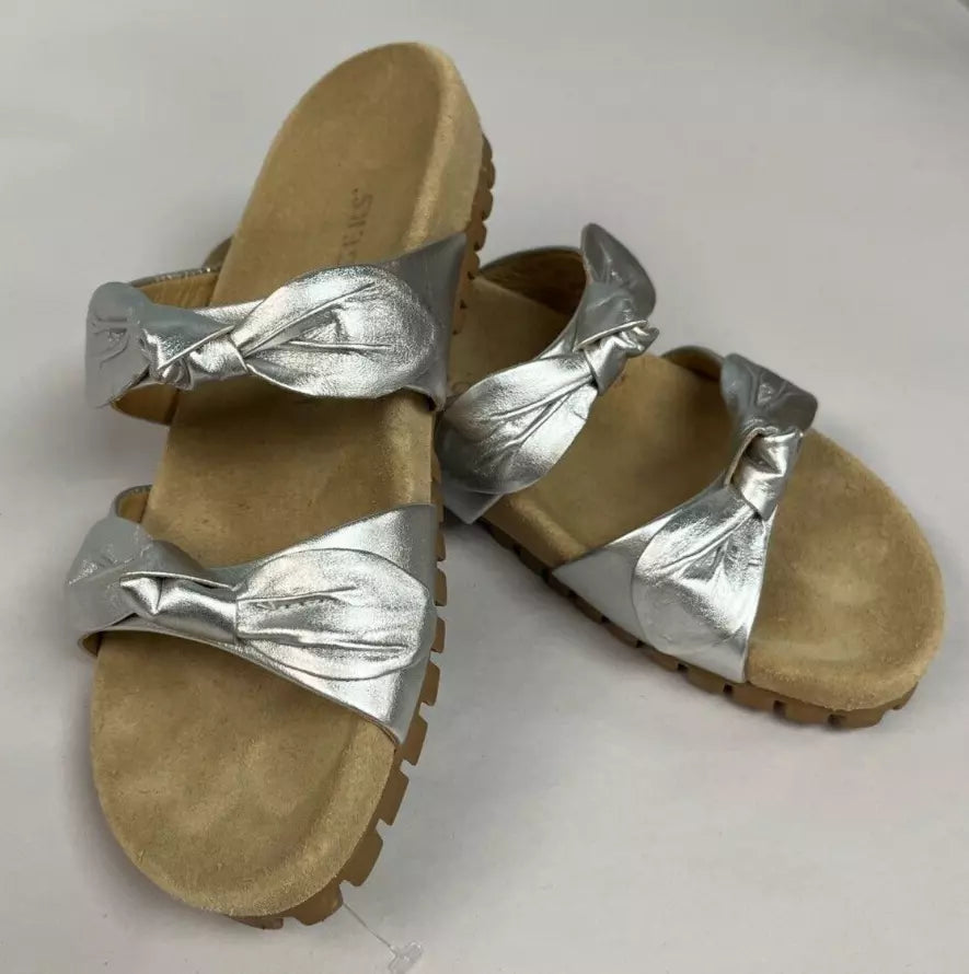 Jack Rogers Silver Shimmer Leather Flat Slide Style Sandals Size 6.5