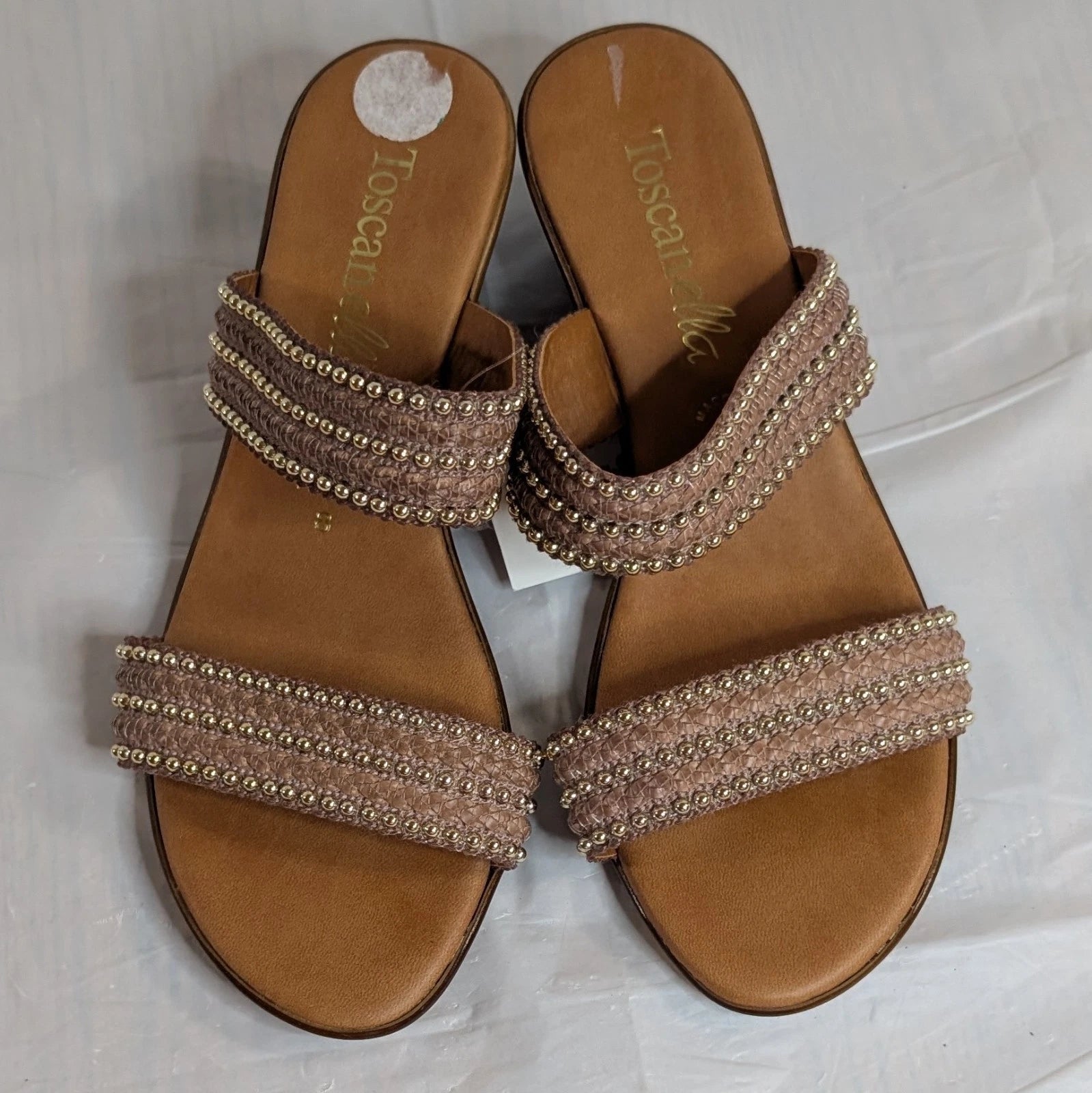 TOSCANELLA Wedge Sandals Size 8 Handmade in Italy Tan Beaded Two Band  BOHO