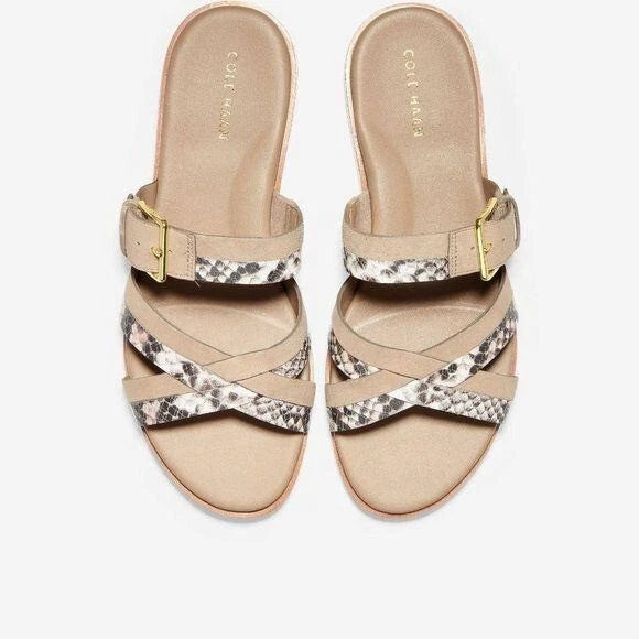 Cole Haan Python-Print Fairen Leather Strappy Buckle Slide Flat Sandals Size 8M
