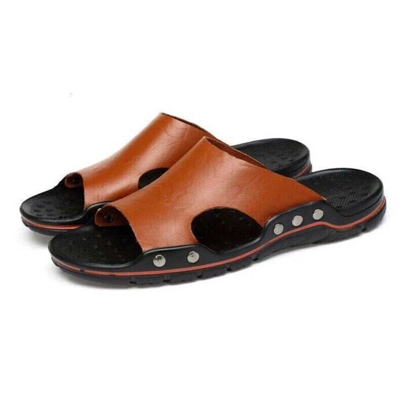 Mens Leather Slippers Summer Beach Fashion Sandals Casual Flats Slides Plus Size