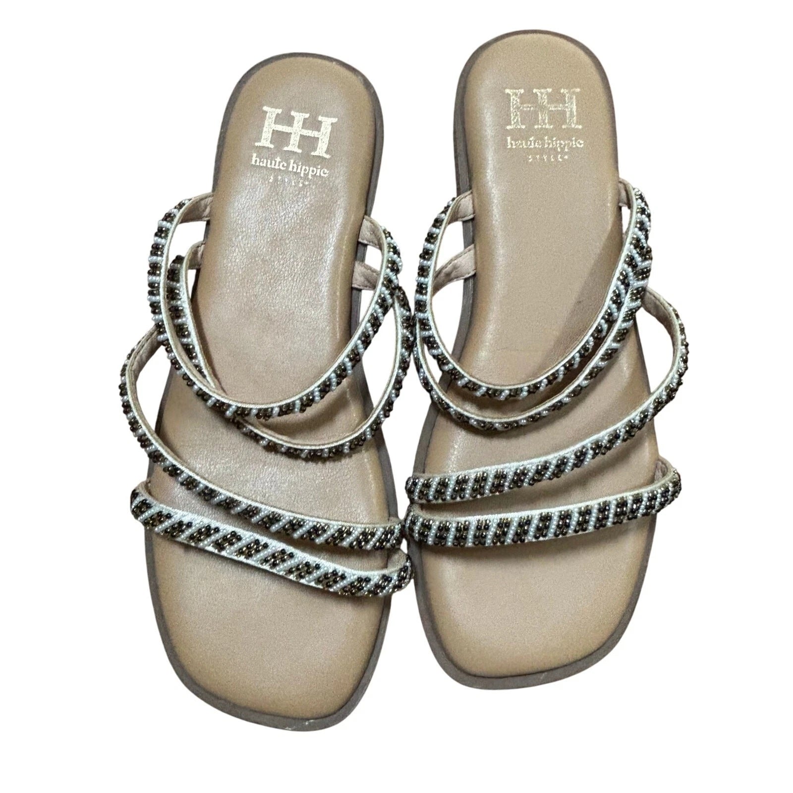 Haute Hippie slip on slides sandals beaded flats strappy resort casual US 7M