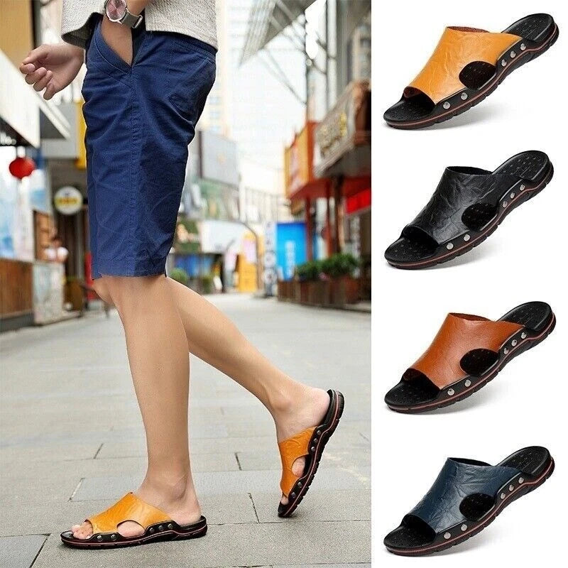 Mens Leather Slippers Summer Beach Fashion Sandals Casual Flats Slides Plus Size