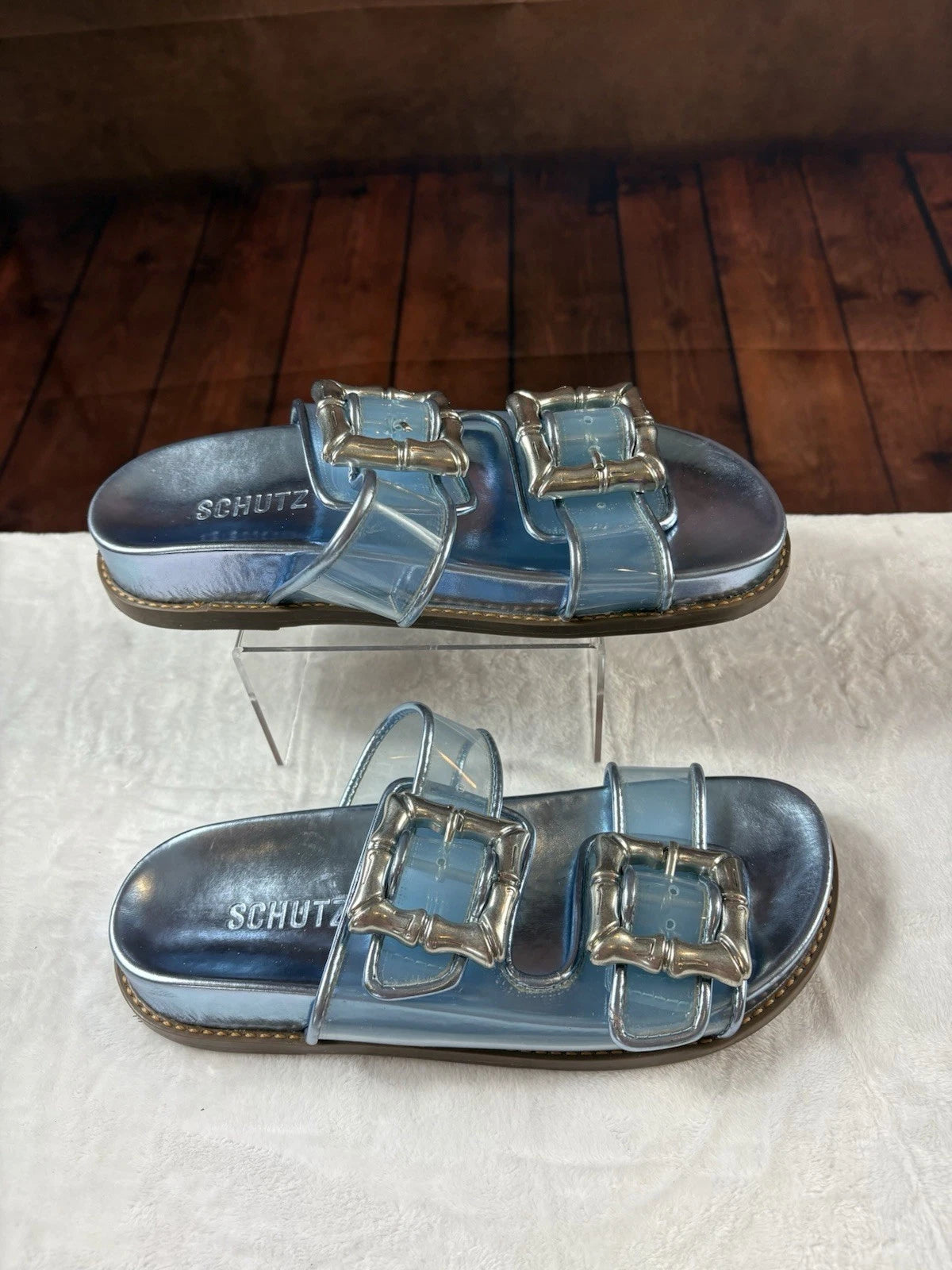 Schultz Enola sporty Metallic Blue Slides With Bamboo Style Buckles