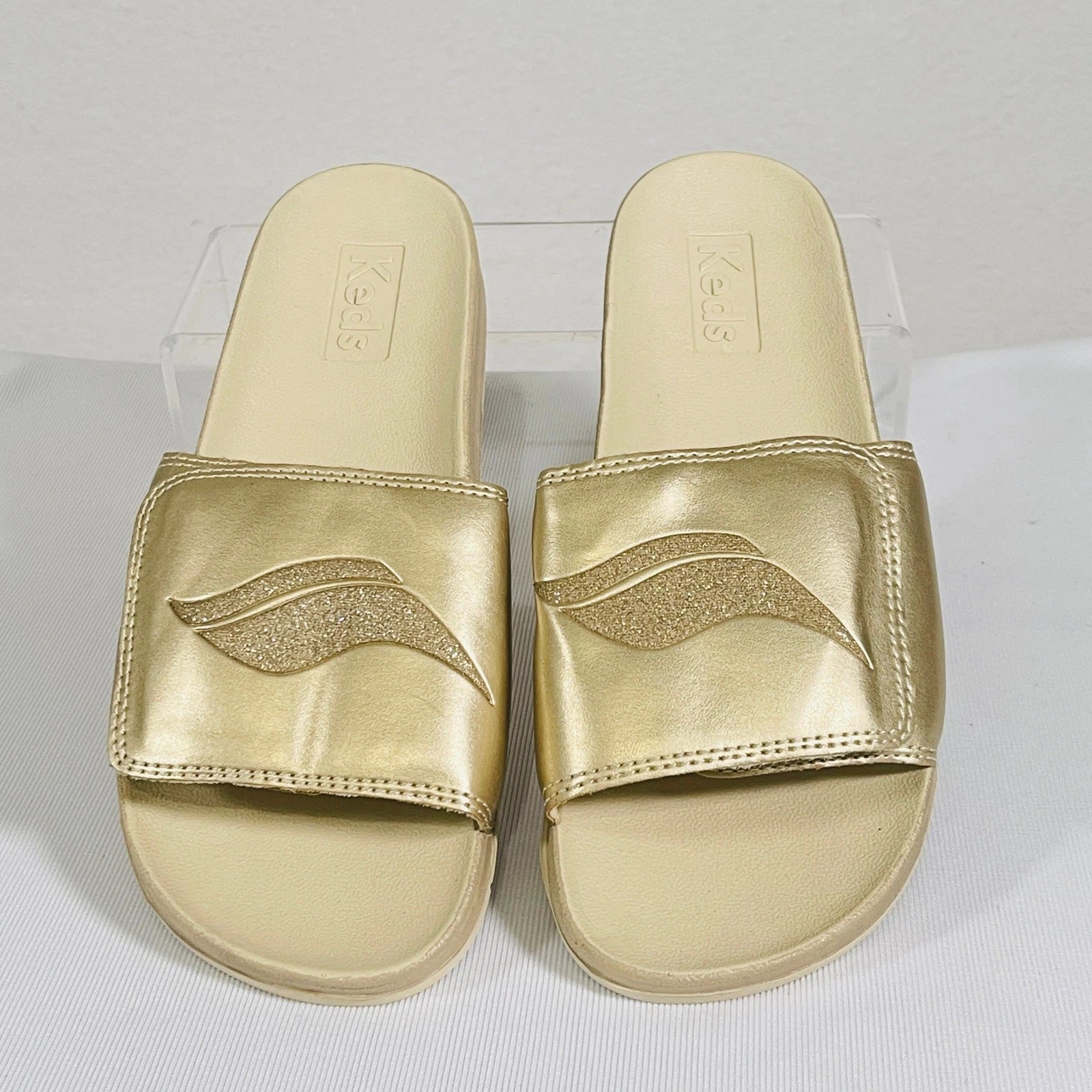 KEDS Slides Womens 7 Metallic Tan Adjustable Hook & Loop Sandals Cushion Foam
