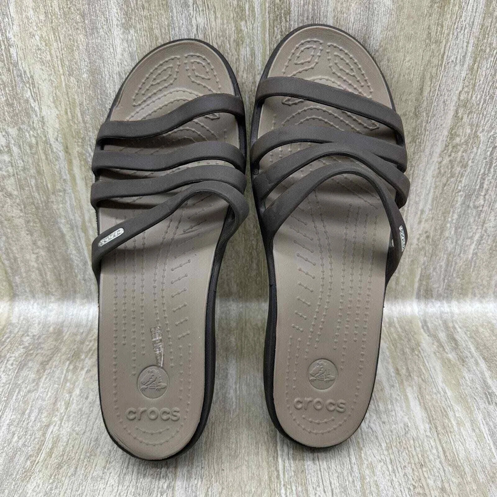 Crocs Rhonda Slides Wedge Strappy Slip On Sandals Brown Style 14706 Womens 10