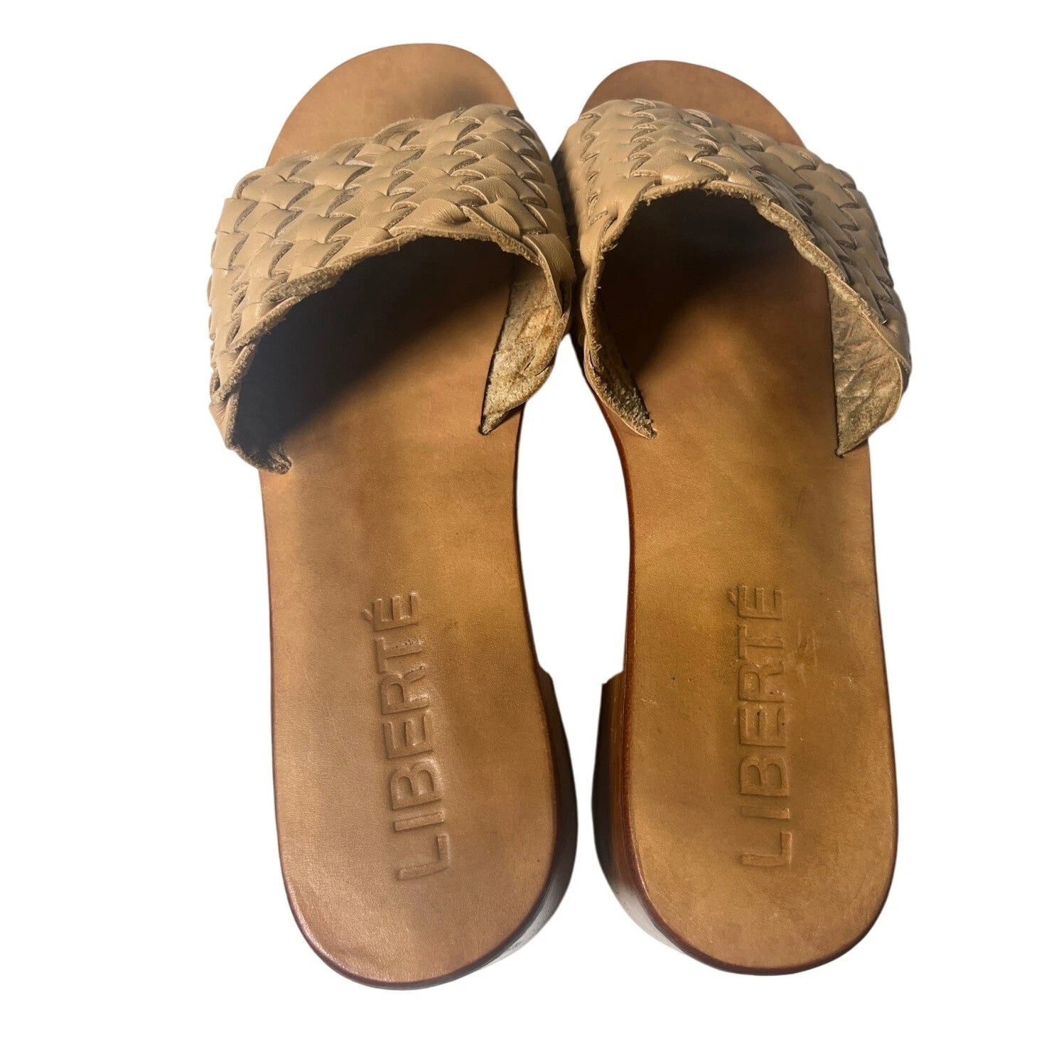 Liberte Woven Slide Sandals Block Heel Tan Leather Size 9