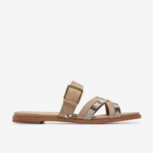 Cole Haan Python-Print Fairen Leather Strappy Buckle Slide Flat Sandals Size 8M