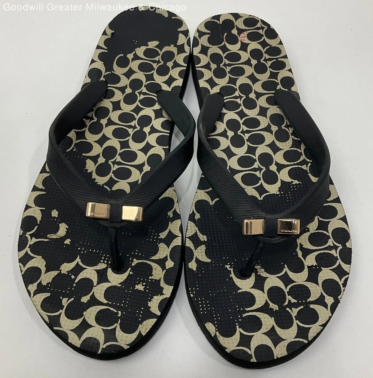 Coach Womens Black Logo Gold Accent Classic Rubber Flip Flop Sandal Size 9 10