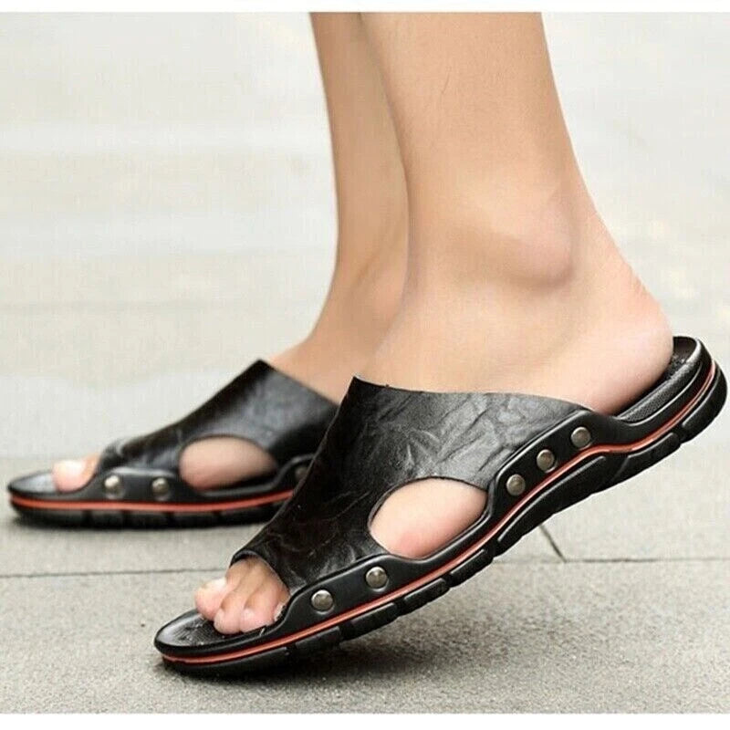 Mens Leather Slippers Summer Beach Fashion Sandals Casual Flats Slides Plus Size
