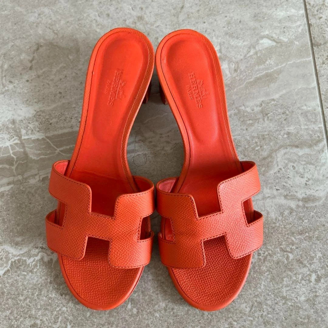 Hermes Orange Sandals Women Size 35 Leather Slide Shoes Classic Summer Style